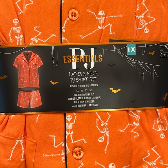 Dancing SKELETON 2pc Pajama Set * size 1XL * Orange White Black SHORTS S/ Sleeve - Picture 2 of 9